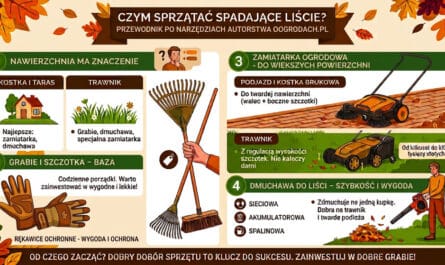Infografika w jesiennej stylistyce zatytułowana „Czym sprzątać spadające liście? Przewodnik po narzędziach autorstwa oogrodach.pl”. Grafika jest podzielona na cztery sekcje. Sekcja 1 pokazuje, że dobór narzędzi zależy od nawierzchni: dla kostki i tarasu polecane są zamiatarka i dmuchawa, a dla trawnika grabie, dmuchawa i specjalna zamiatarka. Sekcja 2, zatytułowana „Baza”, przedstawia rękawice ochronne, grabie i szczotkę do codziennych porządków. Sekcja 3 opisuje zamiatarki ogrodowe do większych powierzchni, rozróżniając modele do podjazdów (z walcem i szczotkami) oraz do trawników (z regulacją wysokości). Sekcja 4 dotyczy dmuchaw do liści, dzieląc je na sieciowe, akumulatorowe i spalinowe, podkreślając ich szybkość i wygodę. Pośrodku znajduje się ilustracja dłoni trzymającej grabie i szczotkę. Na dole widnieje hasło: „Od czego zacząć? Dobry dobór sprzętu to klucz do sukcesu. Zainwestuj w dobre grabie!”.