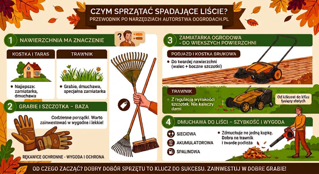 Infografika w jesiennej stylistyce zatytułowana „Czym sprzątać spadające liście? Przewodnik po narzędziach autorstwa oogrodach.pl”. Grafika jest podzielona na cztery sekcje. Sekcja 1 pokazuje, że dobór narzędzi zależy od nawierzchni: dla kostki i tarasu polecane są zamiatarka i dmuchawa, a dla trawnika grabie, dmuchawa i specjalna zamiatarka. Sekcja 2, zatytułowana „Baza”, przedstawia rękawice ochronne, grabie i szczotkę do codziennych porządków. Sekcja 3 opisuje zamiatarki ogrodowe do większych powierzchni, rozróżniając modele do podjazdów (z walcem i szczotkami) oraz do trawników (z regulacją wysokości). Sekcja 4 dotyczy dmuchaw do liści, dzieląc je na sieciowe, akumulatorowe i spalinowe, podkreślając ich szybkość i wygodę. Pośrodku znajduje się ilustracja dłoni trzymającej grabie i szczotkę. Na dole widnieje hasło: „Od czego zacząć? Dobry dobór sprzętu to klucz do sukcesu. Zainwestuj w dobre grabie!”.