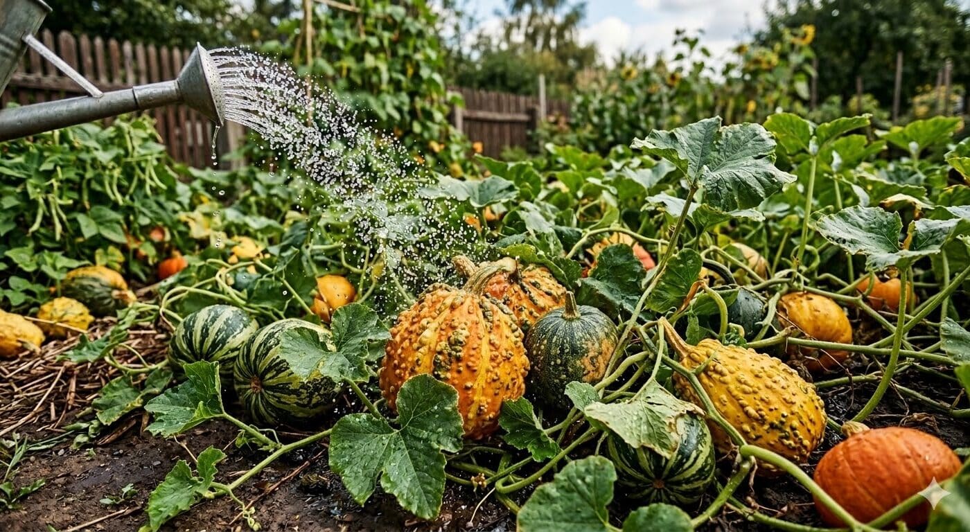 Dijrzewajaca dynia na grzadce w przydomowym ogrodzie, otoczona dużymi liśćmi
