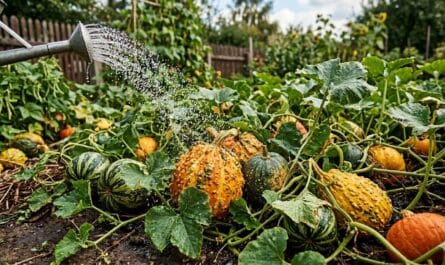 Dijrzewajaca dynia na grzadce w przydomowym ogrodzie, otoczona dużymi liśćmi