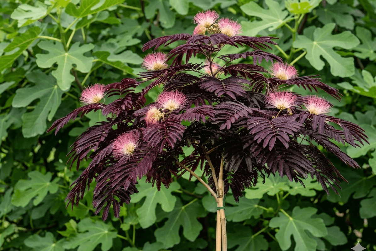 Młoda albicja Summer Chocolate z charakterystycznymi ciemnobrązowymi, prawie czarnymi pierzastymi liśćmi oraz kilkunastoma puszystymi, jasnoróżowymi kwiatami, na tle dużych zielonych liści figowca.