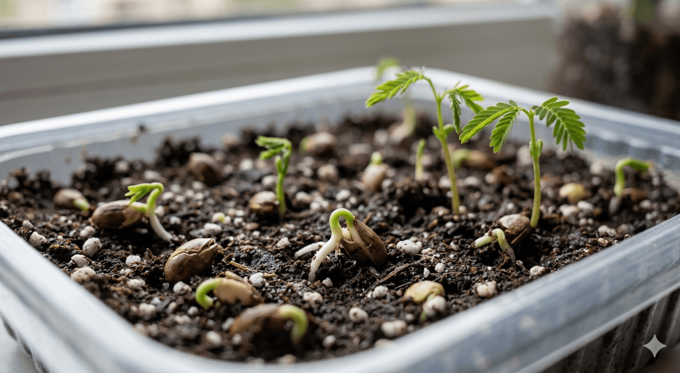 Młode siewki albicji jedwabistej kiełkujące w pojemniku z ziemią i perlitem, widoczne pierwsze pierzaste liście egzotycznego drzewa.