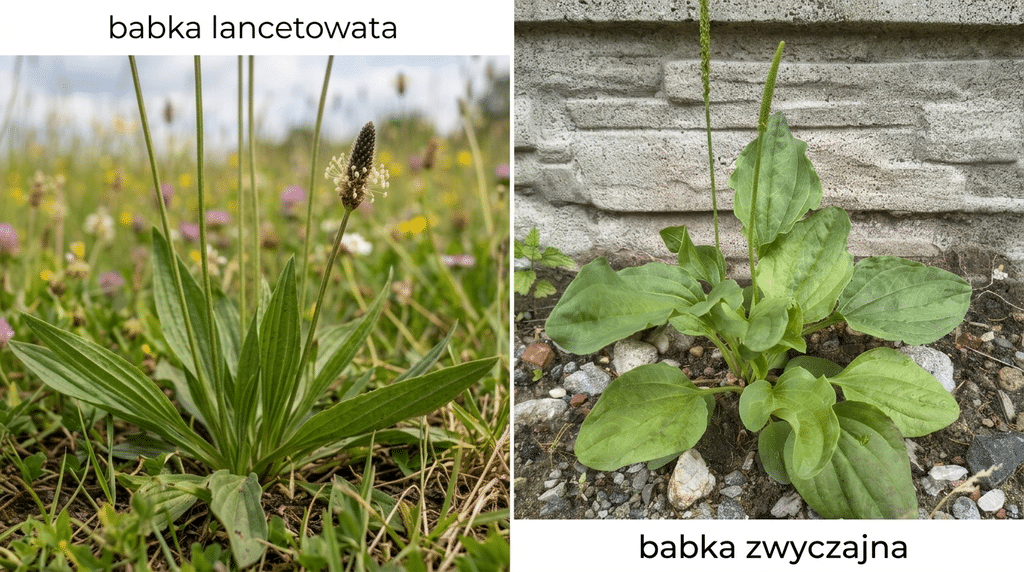 Zdjęcie porównawcze dwóch gatunków babki (Plantago), przedstawiające ich naturalne siedliska i charakterystyczne cechy morfologiczne w formie pionowego dyptyku. Lewy panel, zatytułowany na górze „babka lancetowata” (Plantago lanceolata), ukazuje zbliżenie na pojedynczą roślinę rosnącą w gęstej, dzikiej łące. Roślina ma rozetę długich, wąskich, lancetowatych liści o wyraźnym, równoległym unerwieniu. Z centrum wyrasta smukła, bezlistna szypułka, zakończona małym, gęstym, jajowatym kłosem o brązowo-purpurowych kwiatach z wystającymi białymi pręcikami. Tło stanowi miękko rozmyte morze polnych traw i kwiatów, w tym fioletowej koniczyny i żółtych jaskrów, pod jasnym, zachmurzonym niebem. Prawy panel, zatytułowany na dole „babka zwyczajna” (Plantago major), przedstawia roślinę rosnącą w surowszym, bardziej ruderalnym środowisku, w szczelinie między żwirem i gruzem a chropowatym, fakturowanym murem z pustaków betonowych. Roślina posiada rozetę dużych, szerokich, owalnych liści, które są grubsze i bardziej płasko ułożone przy ziemi. Z rozety wyrasta kilka smukłych, ale dłuższych kłosów nasiennych, na których kwiaty i owoce są rozmieszczone rzadziej niż u babki lancetowatej. Podłoże to mieszanka jasnego żwiru, mniejszych i większych kamieni oraz drobnych kawałków czerwonej cegły. Oba obrazy są połączone centralnym, pionowym podziałem, tworząc wyraźne, edukacyjne porównanie.