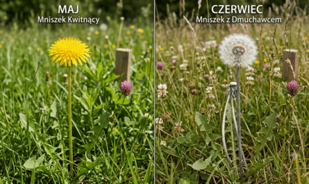 Dwa zdjęcia tego samego mniszka lekarskiego na tym samym fragmencie łąki z koniczyną i trawą, pokazujące upływ czasu. Lewa strona (MAJ): Żółty, w pełni rozwinięty kwiat mniszka na soczystej łodydze, otoczony bujną zielenią. Prawa strona (CZERWIEC): Ten sam mniszek, ale z puszystą, kulistą głową dmuchawca, na wyschniętej, szarej łodydze, w bardziej suchej trawie. Całość tworzy porównanie cyklu życia rośliny w naturalnym otoczeniu.