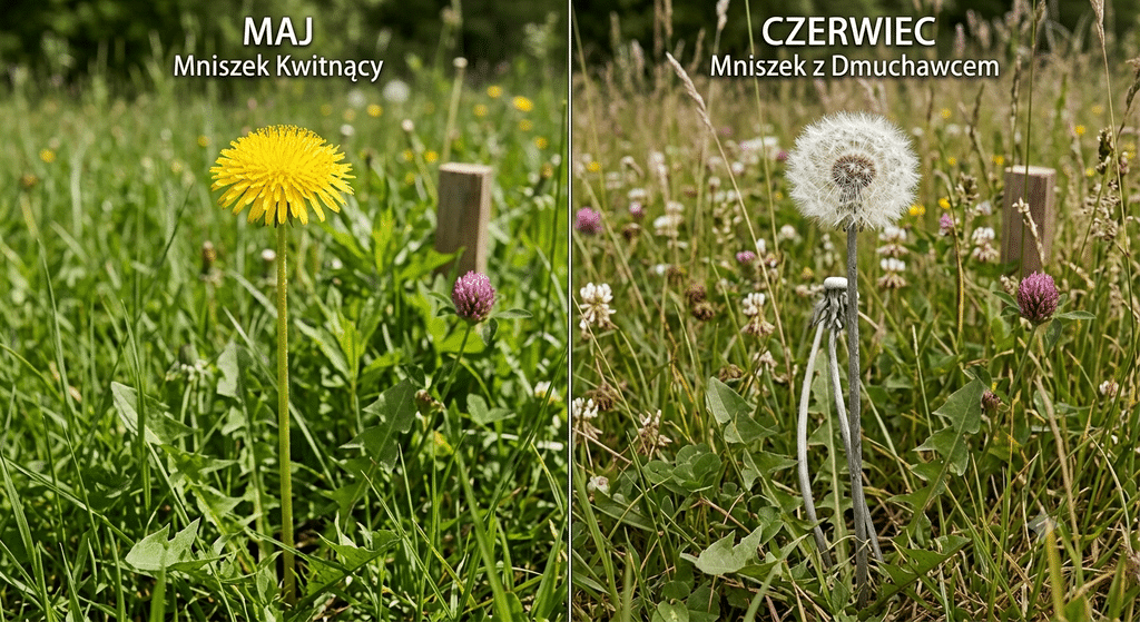 Dwa zdjęcia tego samego mniszka lekarskiego na tym samym fragmencie łąki z koniczyną i trawą, pokazujące upływ czasu. Lewa strona (MAJ): Żółty, w pełni rozwinięty kwiat mniszka na soczystej łodydze, otoczony bujną zielenią. Prawa strona (CZERWIEC): Ten sam mniszek, ale z puszystą, kulistą głową dmuchawca, na wyschniętej, szarej łodydze, w bardziej suchej trawie. Całość tworzy porównanie cyklu życia rośliny w naturalnym otoczeniu.