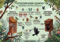 Infografika edukacyjna w języku polskim pt. „Czyszczenie budek lęgowych – przewodnik autorstwa o ogrodach.pl”. Na pastelowym zielonym tle ukazano ilustracje ptaków oraz dwie drewniane budki lęgowe: po lewej klasyczną dla małych ptaków (np. sikor), a po prawej półotwartą dla kosa. Środek grafiki zajmuje 6-etapowy proces czyszczenia ułożony w okrąg: 1. Kiedy czyścić (pod koniec września i pod koniec lutego), 2. Przygotowanie (rękawice i maseczka), 3. Otwieranie, 4. Usuwanie starego gniazda, 5. Dezynfekcja spryskiwaczem, 6. Kontrola techniczna i naprawa. Całość wieńczy napis na dole: „Dbajmy o nasze ptaki!”.