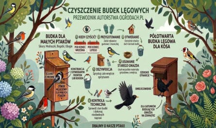 Infografika edukacyjna w języku polskim pt. „Czyszczenie budek lęgowych – przewodnik autorstwa o ogrodach.pl”. Na pastelowym zielonym tle ukazano ilustracje ptaków oraz dwie drewniane budki lęgowe: po lewej klasyczną dla małych ptaków (np. sikor), a po prawej półotwartą dla kosa. Środek grafiki zajmuje 6-etapowy proces czyszczenia ułożony w okrąg: 1. Kiedy czyścić (pod koniec września i pod koniec lutego), 2. Przygotowanie (rękawice i maseczka), 3. Otwieranie, 4. Usuwanie starego gniazda, 5. Dezynfekcja spryskiwaczem, 6. Kontrola techniczna i naprawa. Całość wieńczy napis na dole: „Dbajmy o nasze ptaki!”.
