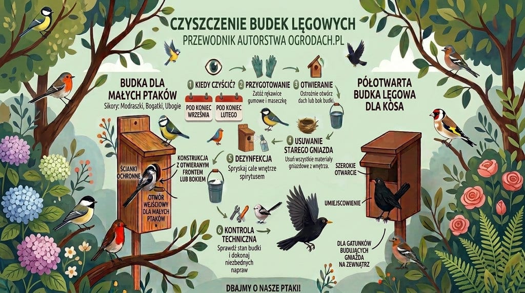 Infografika edukacyjna w języku polskim pt. „Czyszczenie budek lęgowych – przewodnik autorstwa o ogrodach.pl”. Na pastelowym zielonym tle ukazano ilustracje ptaków oraz dwie drewniane budki lęgowe: po lewej klasyczną dla małych ptaków (np. sikor), a po prawej półotwartą dla kosa. Środek grafiki zajmuje 6-etapowy proces czyszczenia ułożony w okrąg: 1. Kiedy czyścić (pod koniec września i pod koniec lutego), 2. Przygotowanie (rękawice i maseczka), 3. Otwieranie, 4. Usuwanie starego gniazda, 5. Dezynfekcja spryskiwaczem, 6. Kontrola techniczna i naprawa. Całość wieńczy napis na dole: „Dbajmy o nasze ptaki!”.