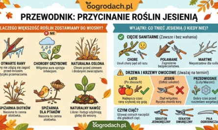 Infografika edukacyjna w języku polskim pt. „PRZEWODNIK: PRZYCINANIE ROŚLIN JESIENIĄ” od oogrodach.pl. Grafika jest podzielona na dwie główne sekcje. Lewa sekcja wyjaśnia, dlaczego NIE przycinać większości roślin jesienią, podając 5 powodów z ilustracjami: otwarte rany (ryzyko przemarzania), choroby grzybowe (wilgoć), naturalna osłona (przed zimnem), spiżarnia dla ptaków (nasiona) oraz naturalny nawóz (liście i łodygi użyźniają glebę). Prawa sekcja opisuje wyjątki, czyli co tnąć jesienią. Obejmuje cięcie sanitarne (zawsze: pędy chore, połamane, martwe) oraz zasady dla drzew i krzewów owocowych. Harmonogram dla owocowych pokazuje: LATO (po zbiorach – najlepszy czas), JESIEŃ (nie tnąć – ryzyko chorób), PRZEDWIOSNIE (luty/marzec – dobry czas). Na dole prawej sekcji pokazano narzędzia: sekator jednoręczny, dwuręczny i piła ogrodnicza z dopiskiem, by były ostre. Całość utrzymana jest w jasnej, jesiennej stylistyce z logo oogrodach.pl na górze i dole.