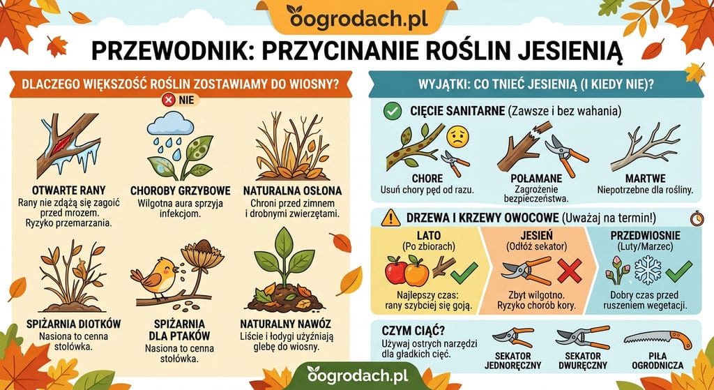 Infografika edukacyjna w języku polskim pt. „PRZEWODNIK: PRZYCINANIE ROŚLIN JESIENIĄ” od oogrodach.pl. Grafika jest podzielona na dwie główne sekcje. Lewa sekcja wyjaśnia, dlaczego NIE przycinać większości roślin jesienią, podając 5 powodów z ilustracjami: otwarte rany (ryzyko przemarzania), choroby grzybowe (wilgoć), naturalna osłona (przed zimnem), spiżarnia dla ptaków (nasiona) oraz naturalny nawóz (liście i łodygi użyźniają glebę). Prawa sekcja opisuje wyjątki, czyli co tnąć jesienią. Obejmuje cięcie sanitarne (zawsze: pędy chore, połamane, martwe) oraz zasady dla drzew i krzewów owocowych. Harmonogram dla owocowych pokazuje: LATO (po zbiorach – najlepszy czas), JESIEŃ (nie tnąć – ryzyko chorób), PRZEDWIOSNIE (luty/marzec – dobry czas). Na dole prawej sekcji pokazano narzędzia: sekator jednoręczny, dwuręczny i piła ogrodnicza z dopiskiem, by były ostre. Całość utrzymana jest w jasnej, jesiennej stylistyce z logo oogrodach.pl na górze i dole.