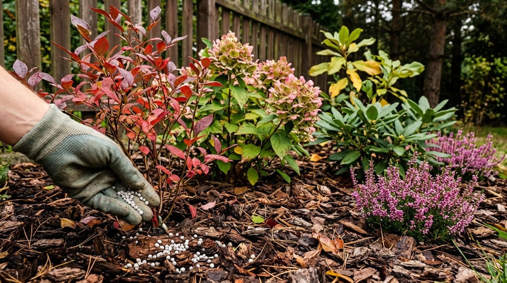 Dłoń w rękawiczce rozsypuje granulat nawozu jesiennego na korze wokół borówki, w tle hortensja, rododendron, wrzosy i magnolia w ogrodzie we wrześniu