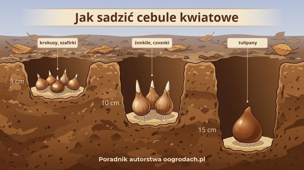 Infografika ogrodnicza w przekroju pokazująca głębokość sadzenia cebul kwiatowych jesienią. Na brązowym tle gleby widać trzy dołki o rosnącej głębokości: najpłytszy (5 cm) z cebulkami krokusów i szafirków, średni (10 cm) z cebulami żonkili i czosnków ozdobnych oraz najgłębszy (15 cm) z dużą cebulą tulipana. Cebule są ułożone piętkami w dół na warstwie piasku, ze spiczastymi czubkami skierowanymi ku górze. Nad ziemią leżą suche, jesienne liście